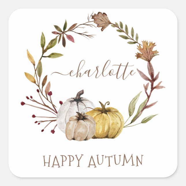 Fall Wasserfarbe Pumpkins glücklich Herbst Quadratischer Aufkleber (Vorderseite)