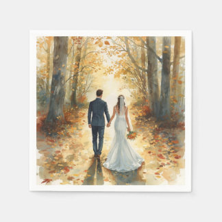 Fall Watercolor Bride & Groom Painted Wedding  Serviette