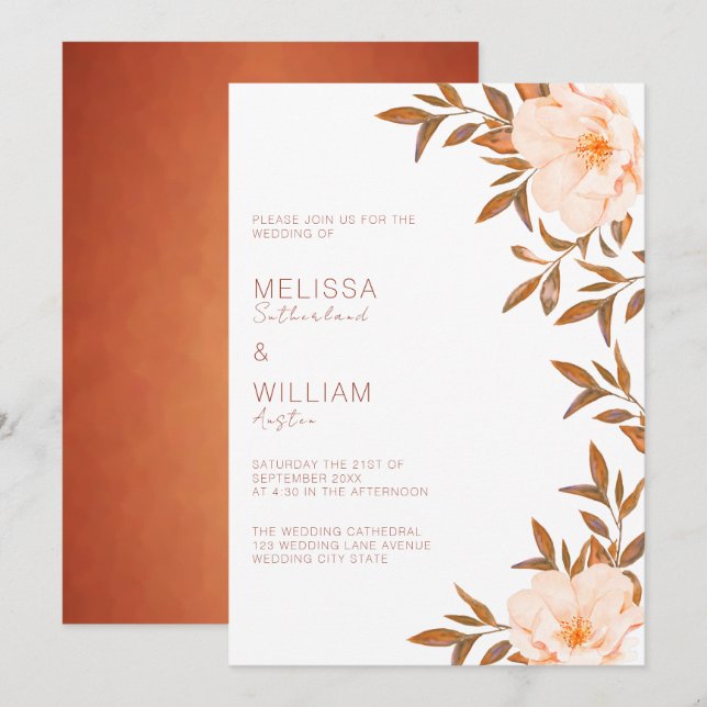 Fall Watercolor Floral Elfenbeinhochzeit Einladung (Vorne/Hinten)