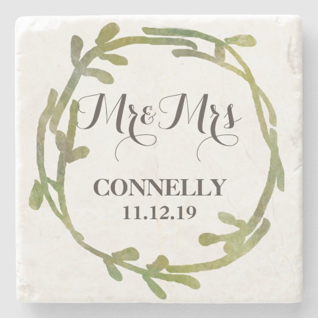Fall Watercolor Green Blätter Hochzeit Steinuntersetzer (Vorderseite)