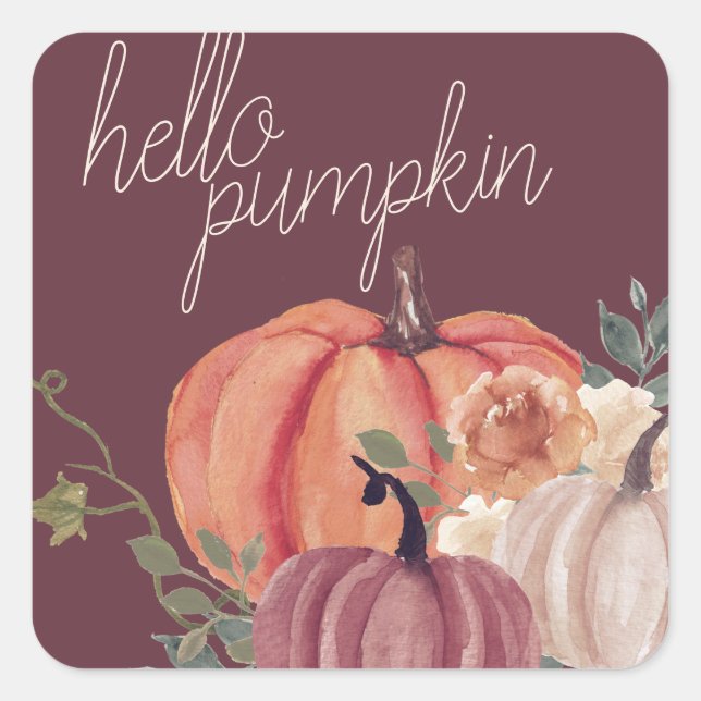 Fall Watercolor Hello Pumpkin Quadratischer Aufkleber (Vorderseite)