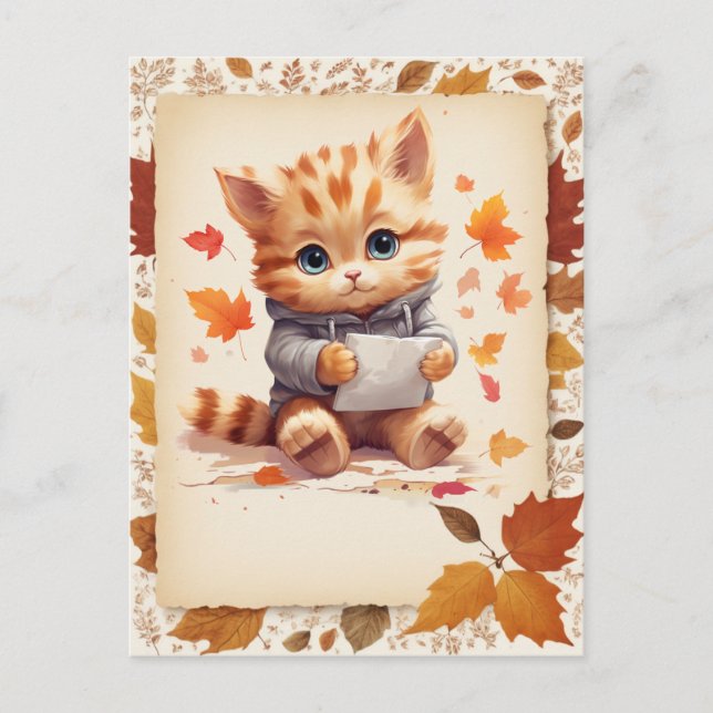Fall Watercolor Kitten mit einem Buchstaben - Postkarte (Vorderseite)