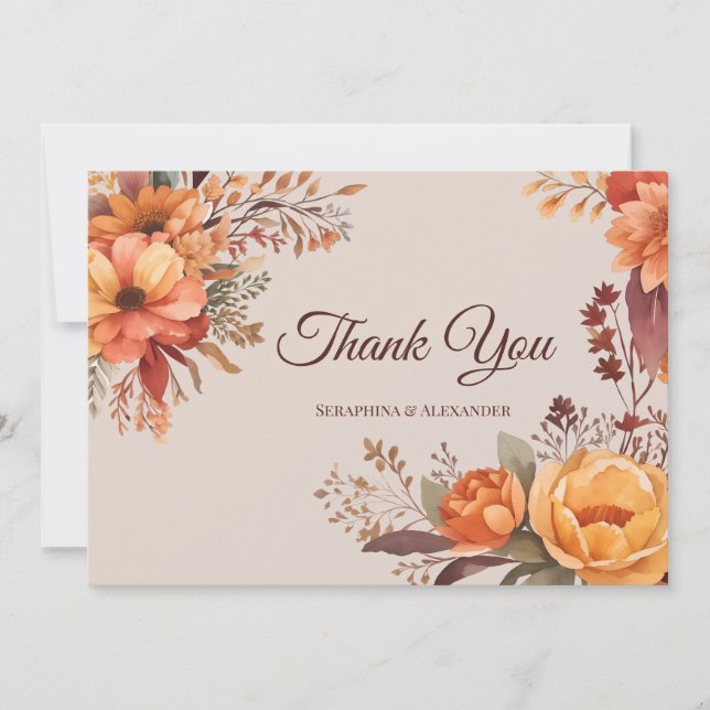 Fall Watercolor Rustic Floral Wedding Vielen Dank Dankeskarte (Vorderseite)