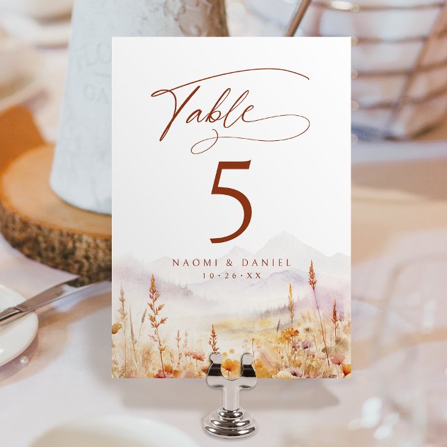 Fall Watercolor Wildflower Mountain Rustic Wedding Tischnummer (Fall Watercolor Wildflower Mountain Rustic Wedding Table Number)
