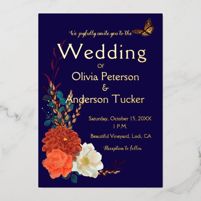 Fall Wedding Floral Monarch Blue Gold Folieneinladung (Vorderseite)