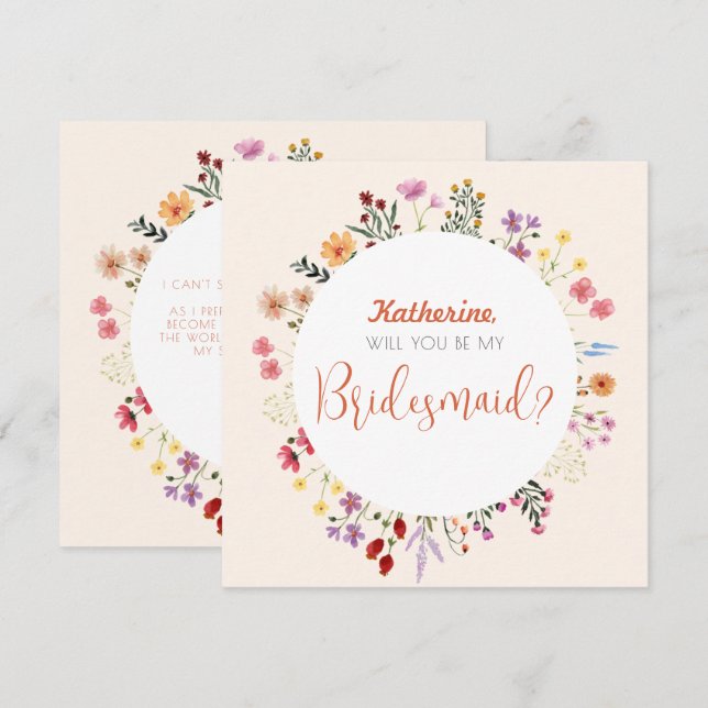 Fall Whimsical Wildblume Floral Bridesmaid Script Einladung (Vorne/Hinten)