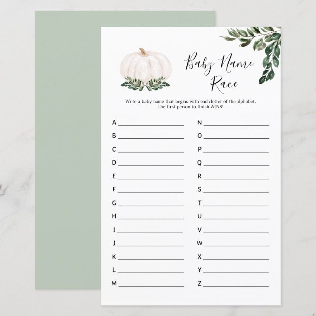 Fall White Pumpkin Baby Name Race Game Cards (Vorne/Hinten)
