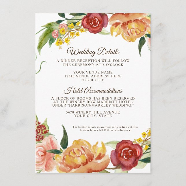Fall White Pumpkin Floral Burgundy Wedding Details Begleitkarte (Vorderseite)