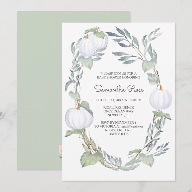 Fall WHITE PUMPKIN Grünpflanzen BABY Dusche Einladung (Vorne/Hinten)