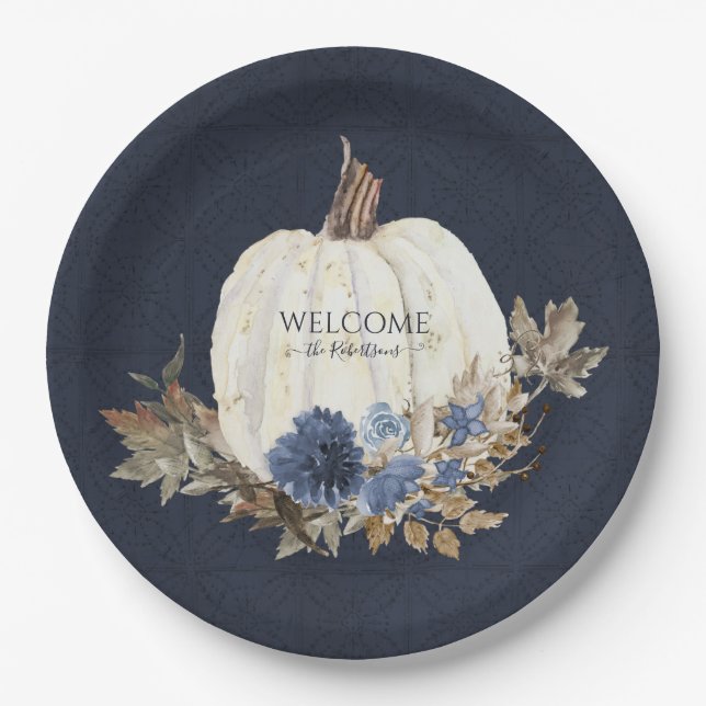 Fall White Pumpkin Navy Dusty Blue Brown Foliage Pappteller (Vorderseite)