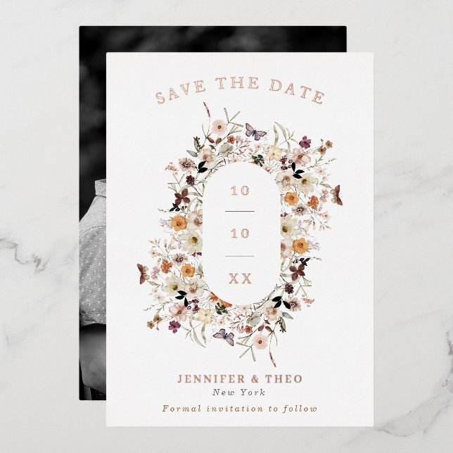 Fall Wild Blume Arch Frame Wedding Foto Gerettet Folieneinladung (Vorderseite/Rückseite)