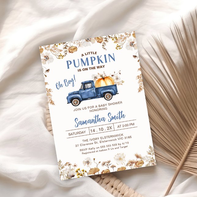 Fall Wildblume Blue Pumpkin Truck Baby Dusche Einladung (Wildflowers Fall Little Pumpkin Baby Shower Invitation, Boy Blue Little Pumpkin Truck Baby Shower )