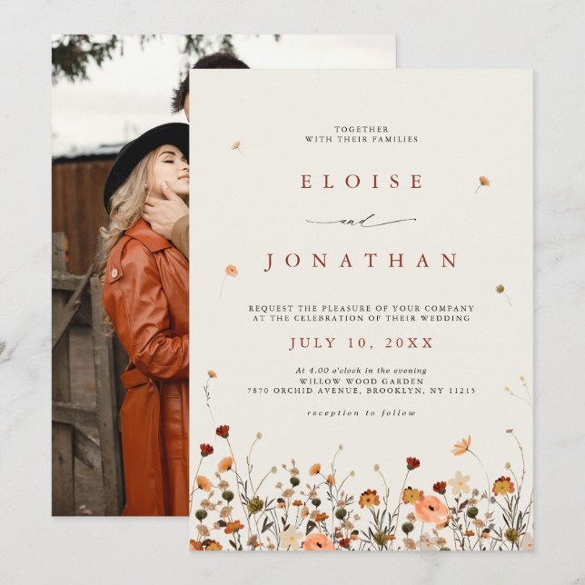 Fall Wildblume Garden Floral Boho Foto Hochzeit Einladung (Vorne/Hinten)