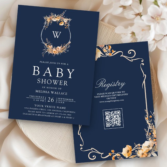 Fall Wildblume QR Code Navy Blue Baby Shooter Einladung (Von Creator hochgeladen)
