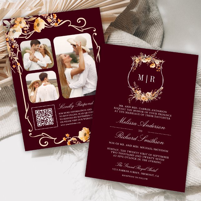 Fall Wildblume Wappen QR Code Burgundy Hochzeit Einladung (Von Creator hochgeladen)
