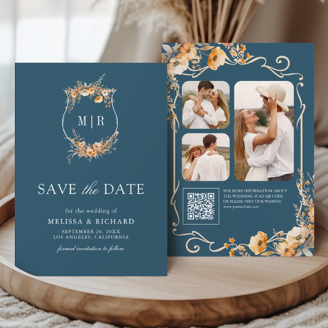 Fall Wildblume Wappen QR Code Dusty Blue Wedding Save The Date (Von Creator hochgeladen)