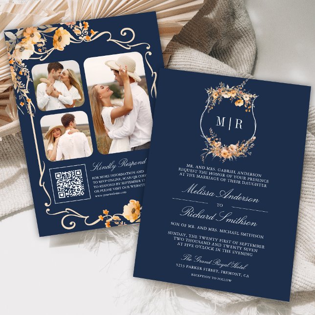 Fall Wildblume Wappen QR Code Navy Blue Wedding Einladung (Von Creator hochgeladen)