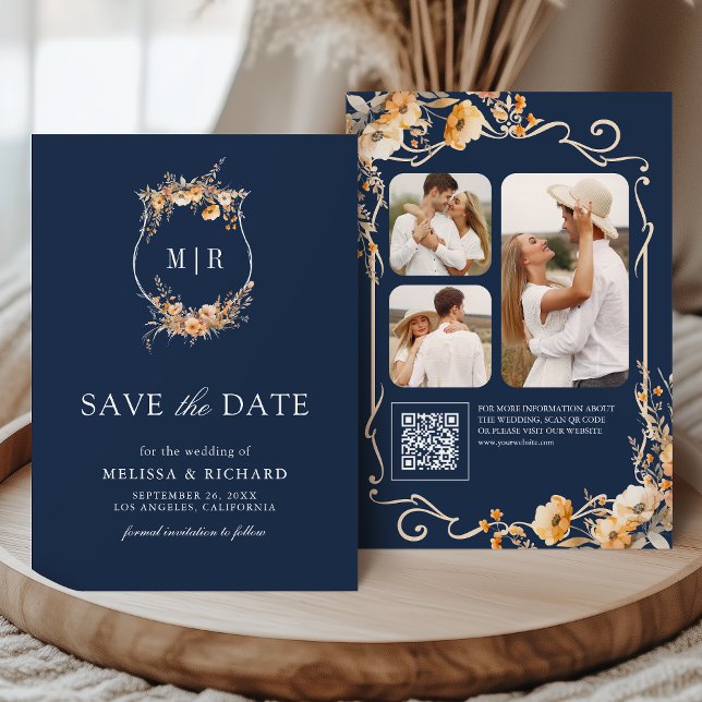 Fall Wildblume Wappen QR Code Navy Blue Wedding Save The Date (Von Creator hochgeladen)