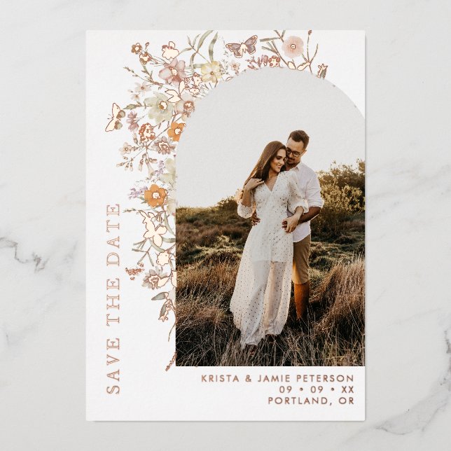Fall Wildblumen Arch Foto Hochzeit Speichern Sie d Folieneinladung (Vorderseite)