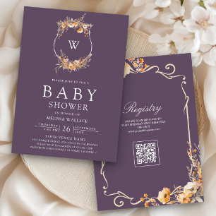 Fall Wildblumen QR-Code Staubiges Lila Babyshower Einladung