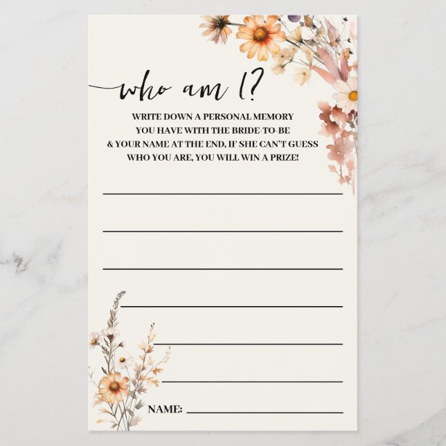 Fall Wildblumen Wer bin ich? Brautparty Game Card Flyer (Vorne)