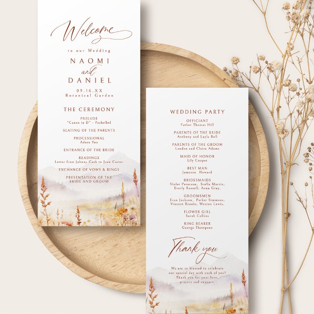 Fall Wildflower Mountain Rustic Wedding Programs Menükarte (Fall Wildflower Mountain Rustic Wedding Programs)