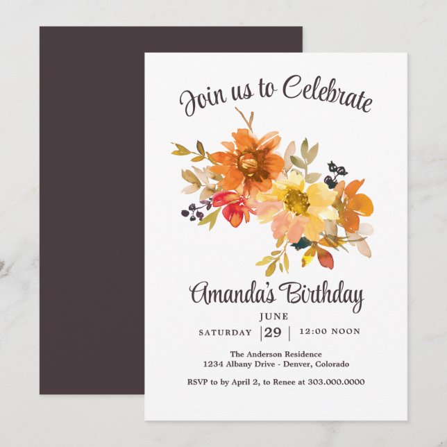 Fall Wildflowers Birthday Party Einladung (Vorne/Hinten)