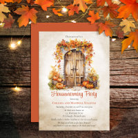 Fall Wood Door Blätter Pumpkins Housewarming Party