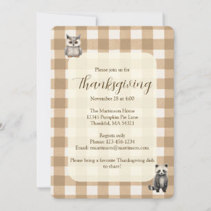 Fall Woodland Animals Brown Gingham Erntedank Einladung