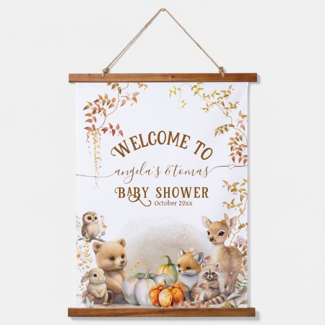 Fall Woodland Little Pumpkin Baby Dusche Wandteppich Mit Holzrahmen (Vorderseite)