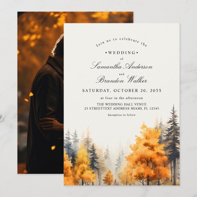 Fall Woodland, Pine Trees Foto Hochzeit Einladung (Vorne/Hinten)