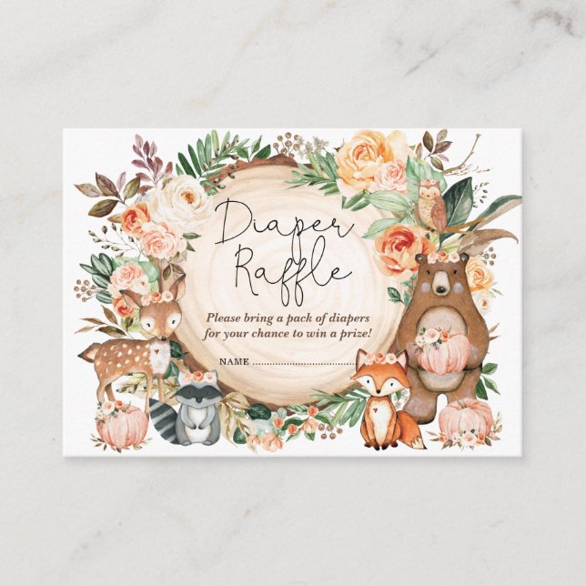 Fall Woodland Tiere Baby Dusche Windeln Raffel Begleitkarte (Vorderseite)