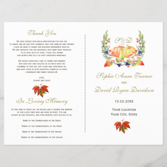 Fall-Wreath-Erntedank-Hochzeitsprogramm Flyer (Vorne)