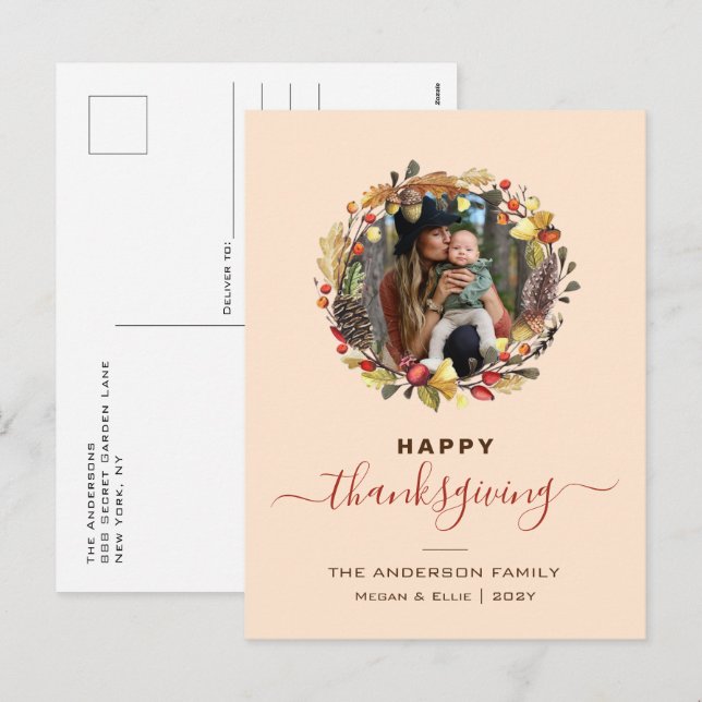 Fall Wreath Modern Erntedank Foto Feiertagspostkarte (Vorne/Hinten)
