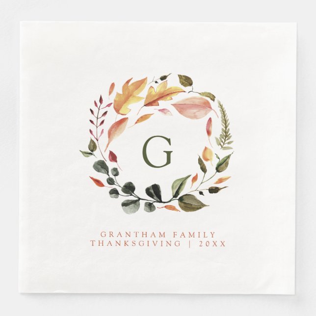 Fall Wreath Monogram Family Erntedank Serviette (Vorderseite)