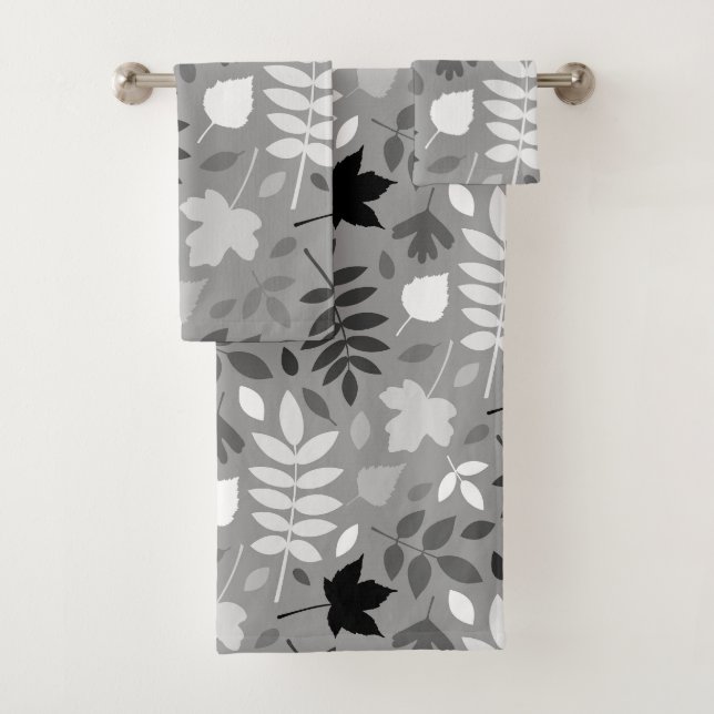 Fallen Blätter Lg Muster Monochrome auf Grau Badhandtuch Set (Insitu)