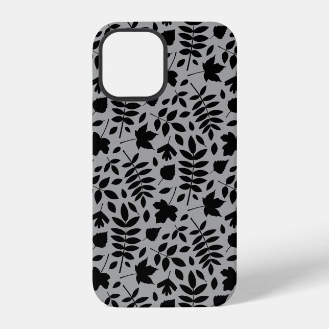 Fallen Blätter Muster Schwarz auf Grau iPhone 12 Hülle (Rückseite)