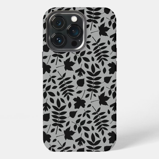 Fallen Blätter Muster Schwarz auf Grau iPhone 13 Pro Hülle (Hinten)