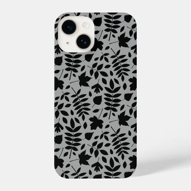 Fallen Blätter Muster Schwarz auf Grau iPhone 14 Hülle (Rückseite)