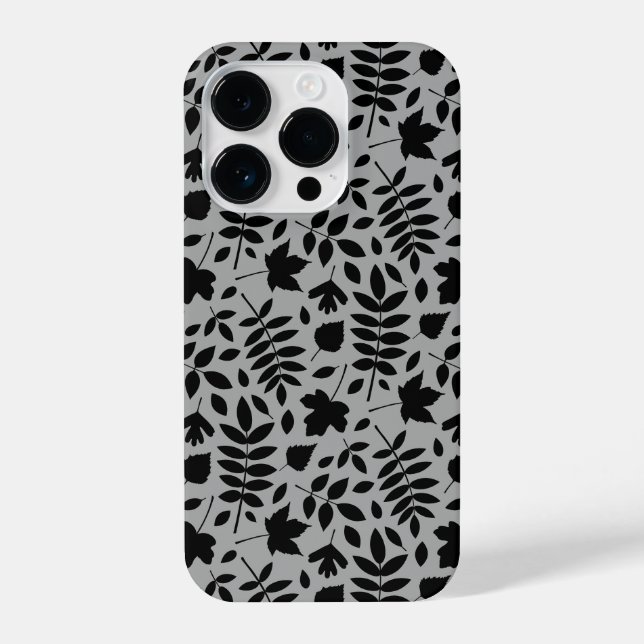 Fallen Blätter Muster Schwarz auf Grau iPhone 14 Pro Hülle (Rückseite)
