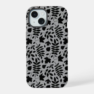 Fallen Blätter Muster Schwarz auf Grau iPhone 15 Hülle