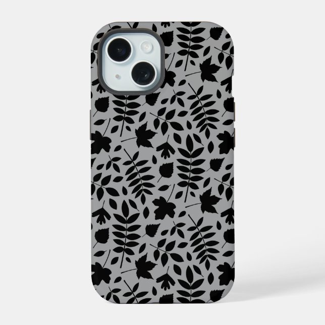 Fallen Blätter Muster Schwarz auf Grau iPhone 15 Hülle (Rückseite)