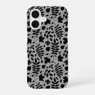 Fallen Blätter Muster Schwarz auf Grau iPhone 16 Hülle
