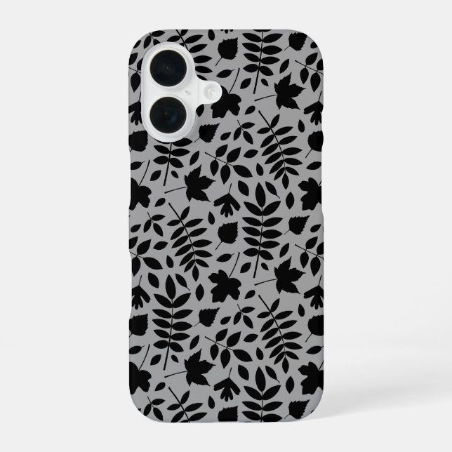 Fallen Blätter Muster Schwarz auf Grau iPhone 16 Hülle (Rückseite)