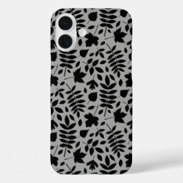 Fallen Blätter Muster Schwarz auf Grau iPhone 16 Plus Hülle