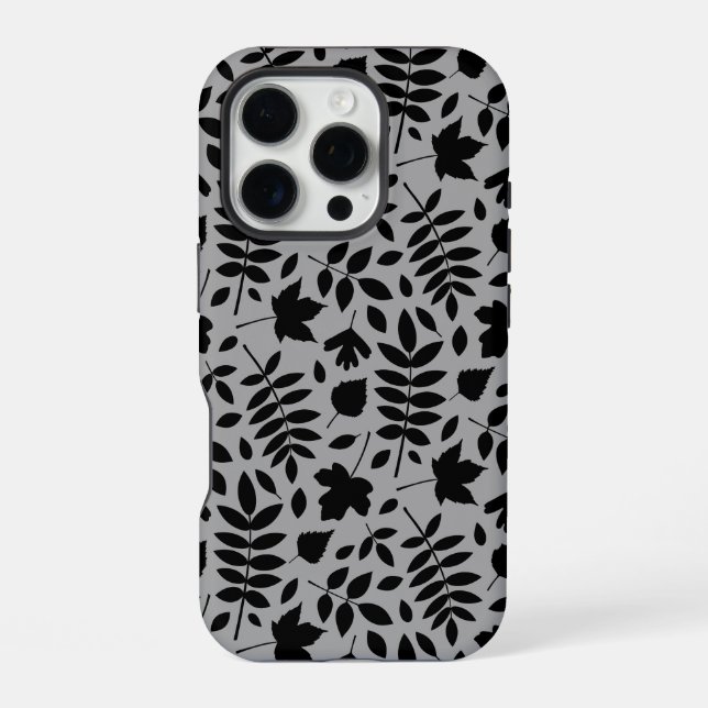 Fallen Blätter Muster Schwarz auf Grau iPhone 16 Pro Hülle (Rückseite)