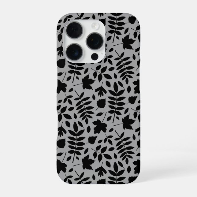 Fallen Blätter Muster Schwarz auf Grau iPhone 16 Pro Hülle (Rückseite)