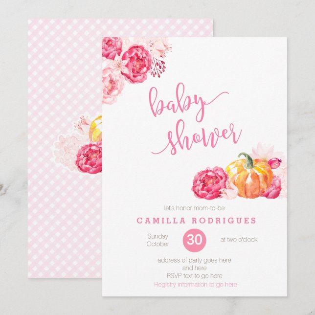 fallen rosa Babydusche einladen, Drehbuch Schrifta Einladung (Vorne/Hinten)