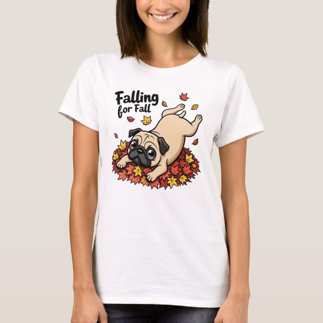 Fallend für Herbst - Spielerischer Mops in Blätter T-Shirt (Vorderseite)