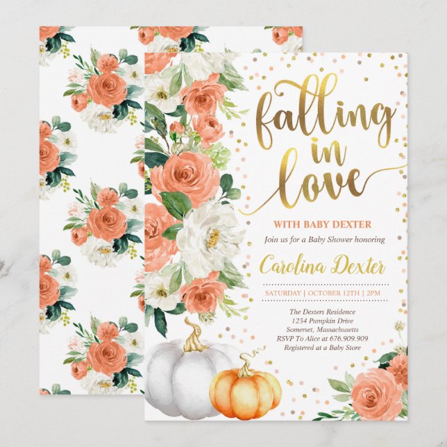 Fallend in Liebe Baby Dusche Einladung Orange Gold (Vorne/Hinten)